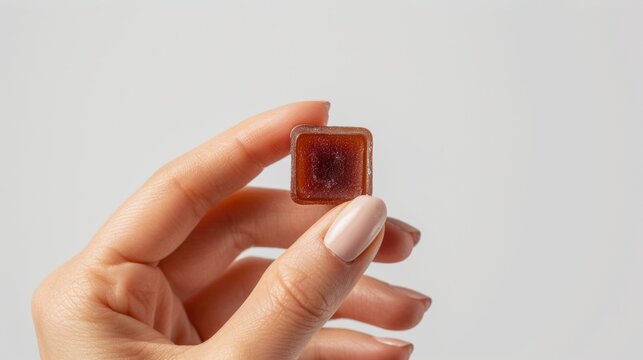 A hand holding a small square gummy delicacy with a rich red hue against a light background in a well-lit indoor setting