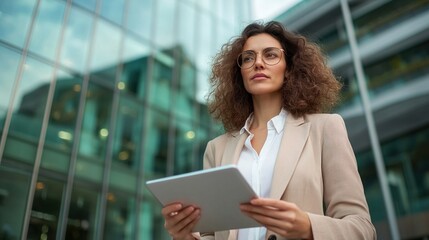 Portrait of a successful businesswoman using a digital tablet in front of a modern business building