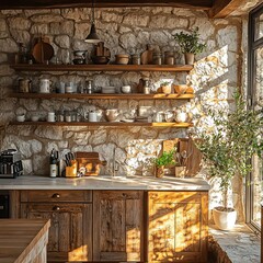 Rustic kitchen with stone wall, wooden shelves, and vibrant greenery creating a warm, inviting atmosphere.