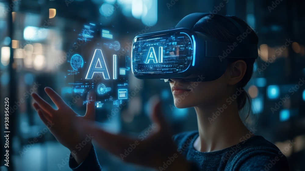Poster a person in a vr headset interacts with ai and holograms, showing the use of technology in business