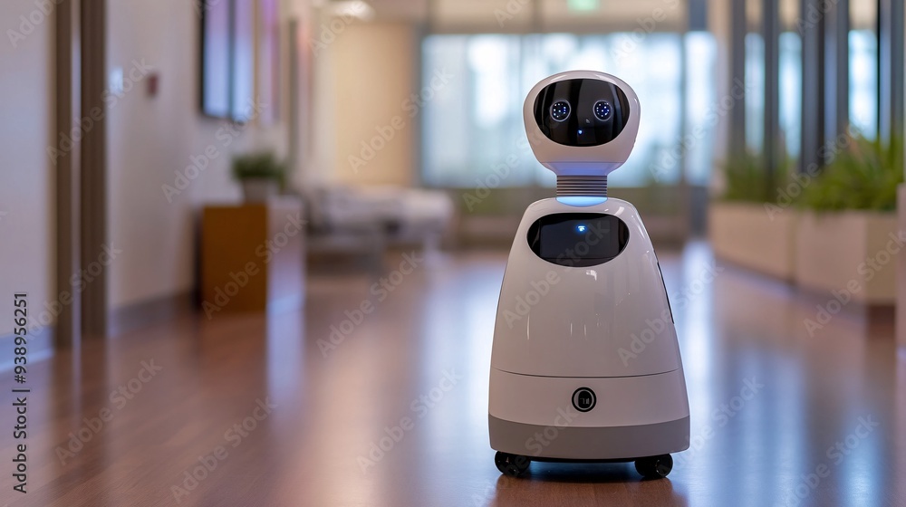Poster a nursebot in a high-tech clinic setting assisting patients with their medical needs demonstrating t