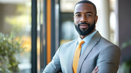 Fototapeta premium Portrait of an African American businessman, confident and professional demeanor, copy space