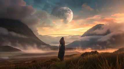 Fototapeta premium Woman in a Dress on a Hill with Sunset Sky and Large Moon in the Background