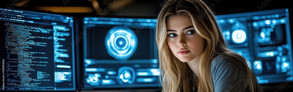 Poster female technician focuses on coding and analyzing ai security threats in a darkened office