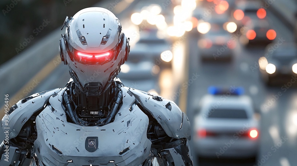 Poster a sleek robotic police officer in uniform conducting surveillance in a busy urban area symbolizing t