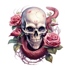 Fototapeta premium A captivating skull surrounded by vibrant roses and a serpent, blending themes of life and death in an artistic design.