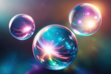 Ethereal Light Orbs: Three-Dimensional Representation with Vibrant Colors and Luminous Refraction