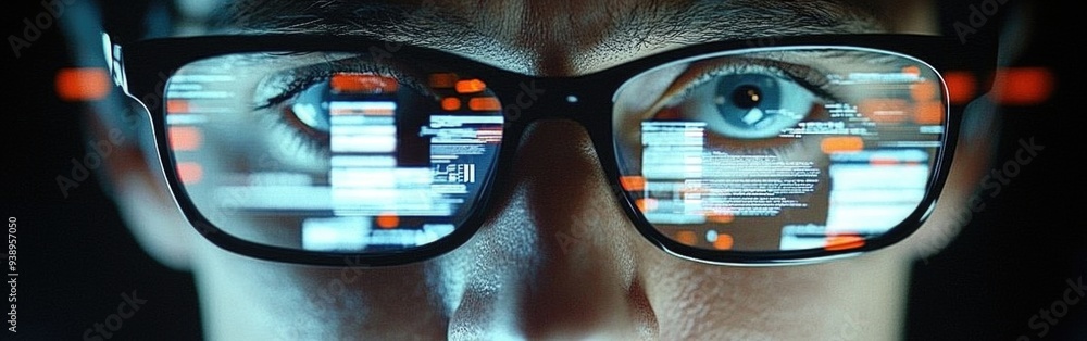 Poster a focused it specialist analyzes cybersecurity threats using ai tools in a high-tech environment