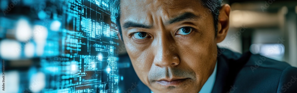 Poster an it expert analyzes cybersecurity challenges in an advanced tech setting