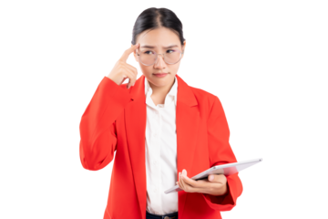 Professional young woman in a red suit, wearing glasses, thinking while holding a tablet, standing against a white background. Image conveys concentration and problem-solving in business context