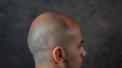 A side view of a man with a shaved head looking contemplative against a dark textured background while showcasing his facial features and skin tone