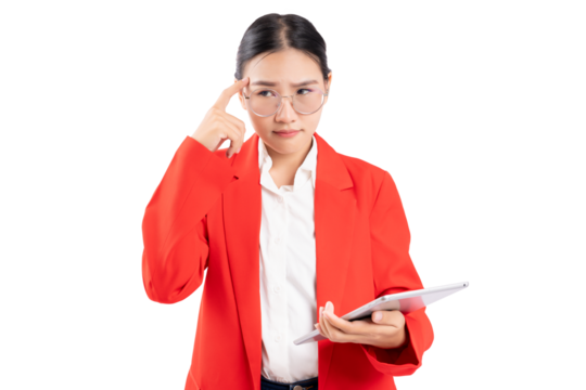 Professional young woman in a red suit, wearing glasses, thinking while holding a tablet, standing against a white background. Image conveys concentration and problem-solving in business context