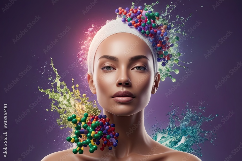 Wall mural luminous molecular extracts in skincare: 3d artwork depicting vibrant health and beauty