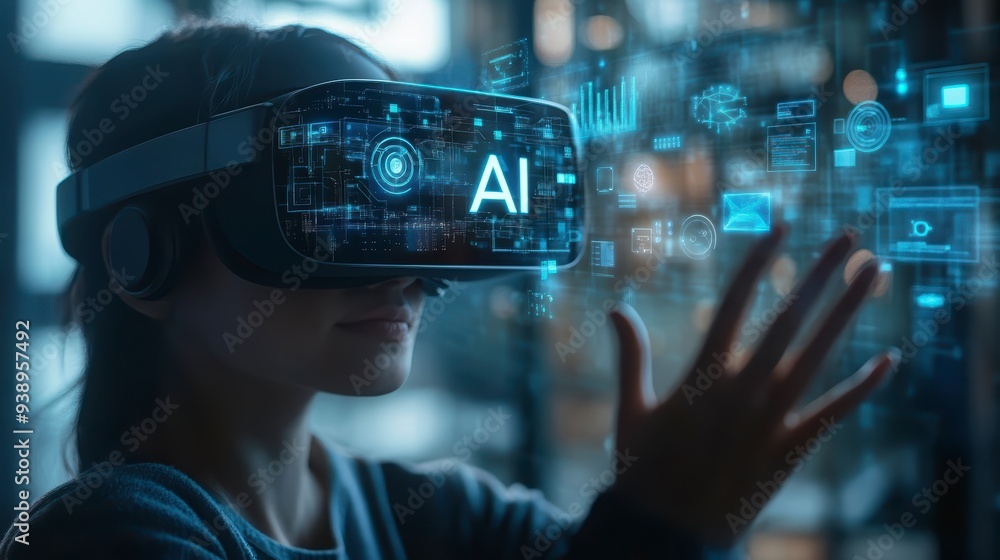 Poster a person in a vr headset interacts with ai and holograms, showing the use of technology in business