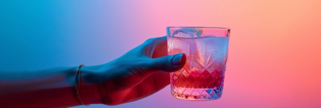 A hand holding a glass tumbler with a colorful mixed drink and ice cubes, featuring vibrant blue and pink lighting, symbolizing refreshment.