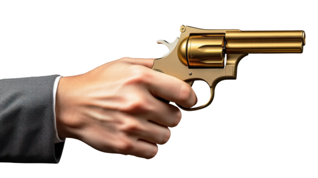 Hand Holding Golden Gun isolated on white background png file.