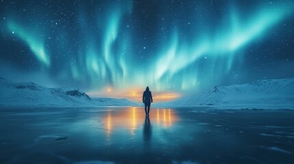 Silhouette of a person watching the aurora borealis
