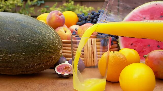 The steam of delicious fresh multifruit juice is poured into a jag on the background of the ripe fruits and berries . High quality 4k footage