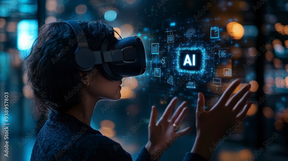 Poster a person in a vr headset interacts with ai and holograms, showing the use of technology in business