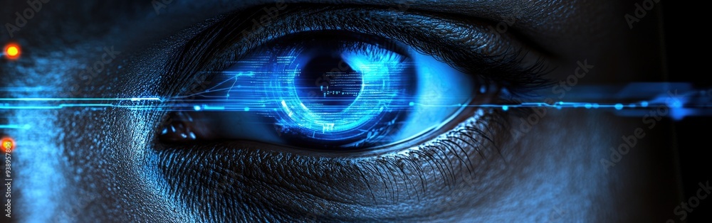 Poster an it specialist examines data using advanced facial recognition technology
