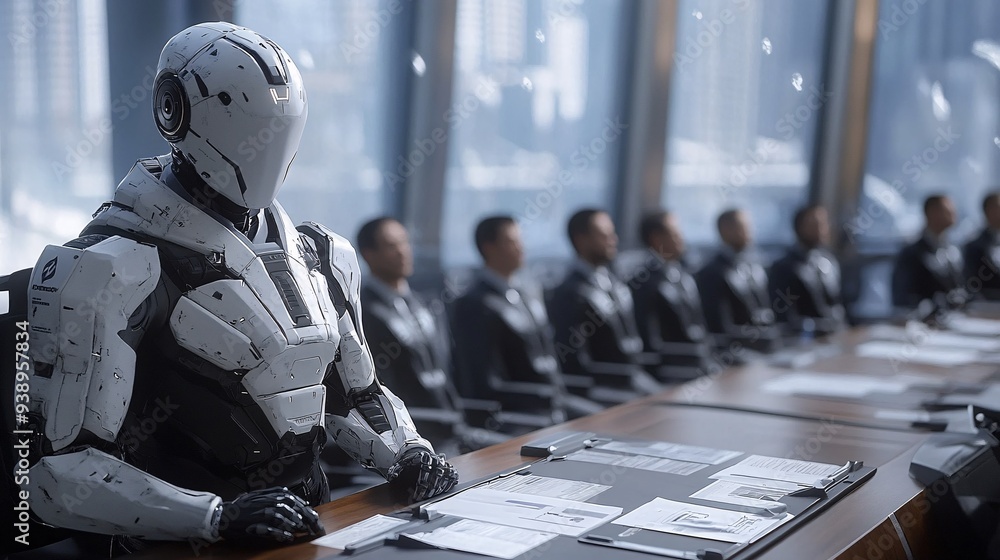 Aufkleber A robotic business executive leading a strategic discussion in a futuristic office setting highlighting the integration of AI and human intelligence in corporate decision-making Stock Photo with copy