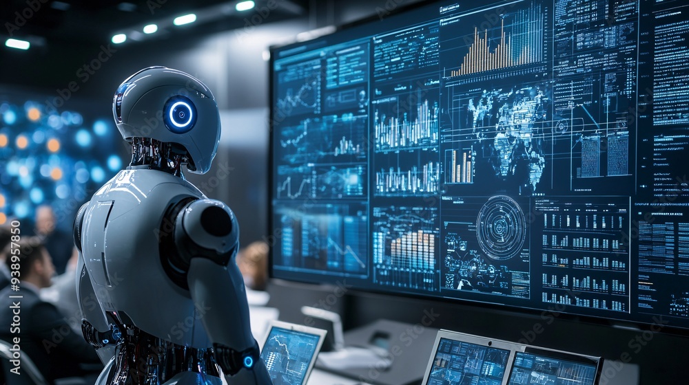 Poster A robot in business attire explaining complex data analysis to a board of executives in a high-tech conference room emphasizing AI influence on modern business strategies Stock Photo with copy space