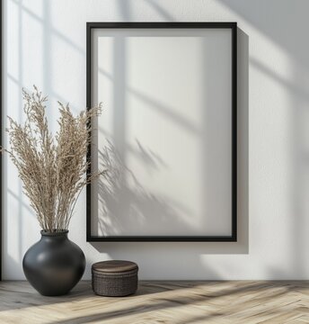 Vertical frame mockup on white wall, front view with plants around. Maquette de cadre vertical sur un mur blanc, vue de face avec des plantes autour.
