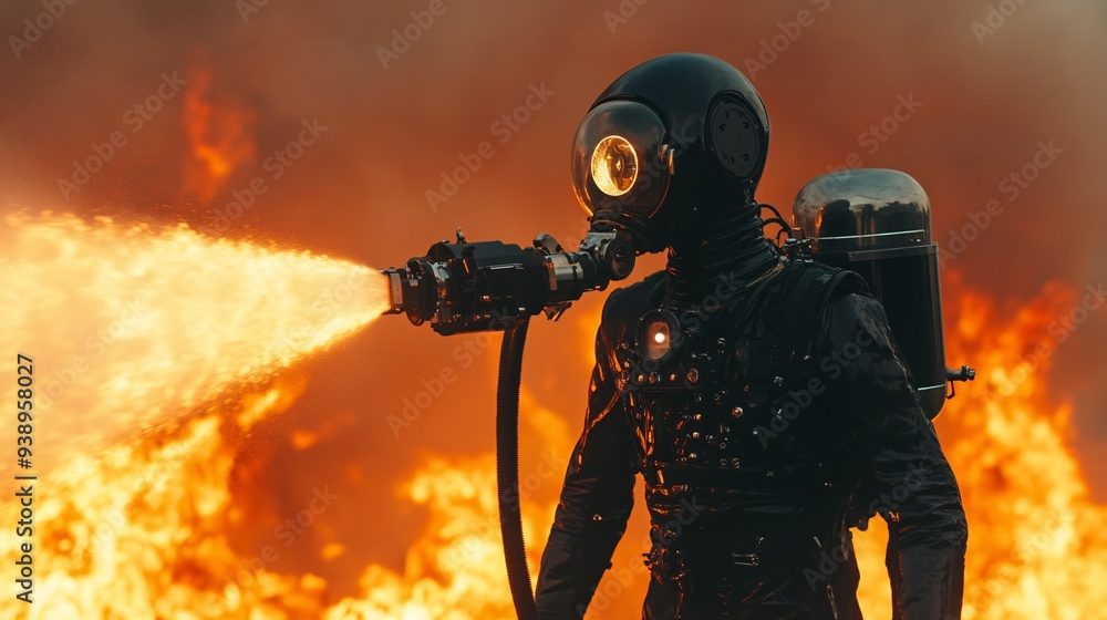 Poster A firefighting android in full gear using high-tech tools to control a fire in an industrial setting highlighting the effectiveness of robotic responders in emergency situations Stock Photo with copy