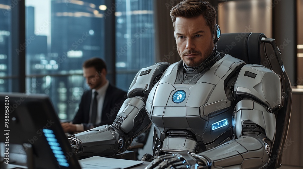 Poster a robotic executive in a business suit conducting a meeting with human colleagues in a modern office