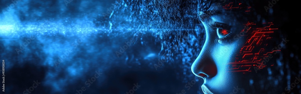 Poster a specialist examines data in a futuristic setting, targeting cyber security challenges posed by ai