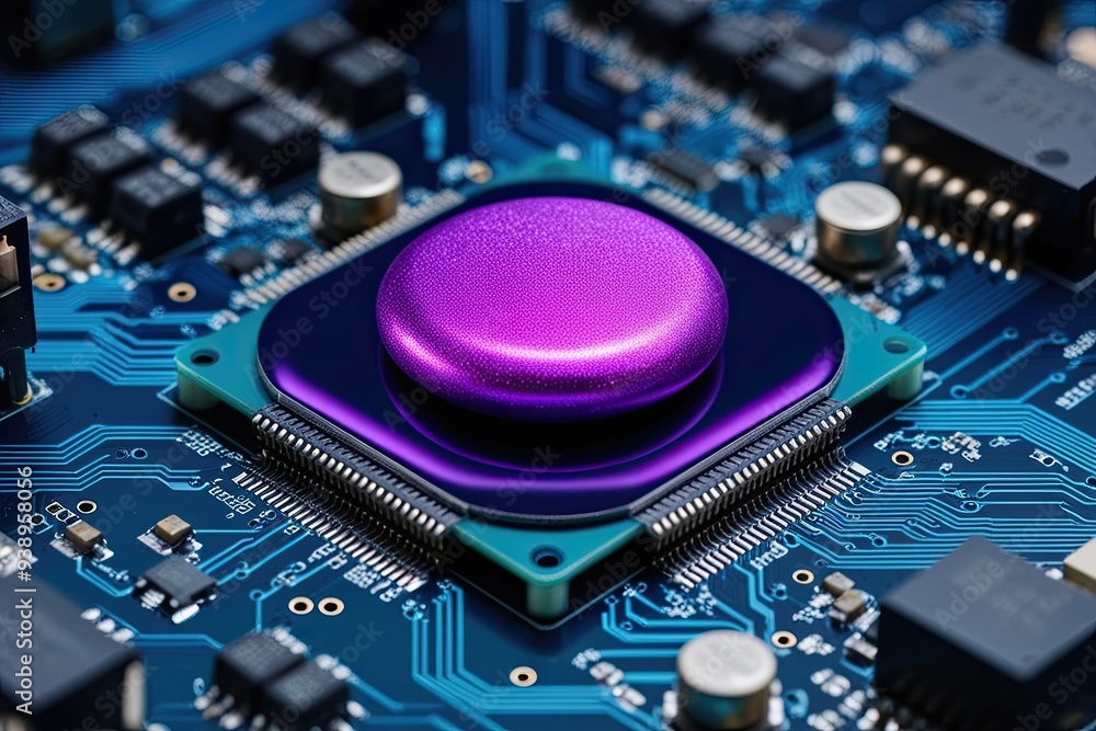 Poster shimmering purple iot device on a circuit board signaling the future of secure cyber connectivity