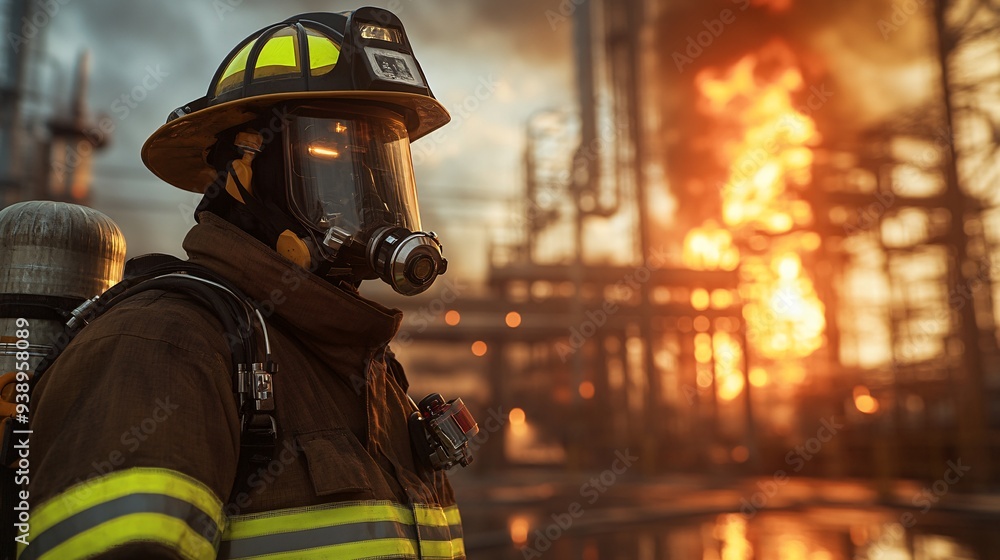 Poster A firefighting android in full gear using high-tech tools to control a fire in an industrial setting highlighting the effectiveness of robotic responders in emergency situations Stock Photo with copy