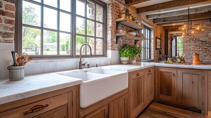 Stylish kitchen featuring rustic wooden cabinets, marble countertops, and large windows that create a bright, inviting atmosphere.