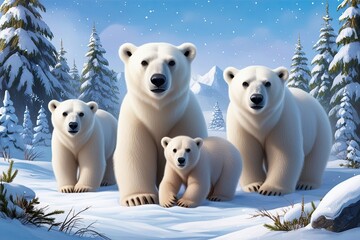 Adorable Cartoon Illustration of Polar Bears in a Snowy Winter Landscape