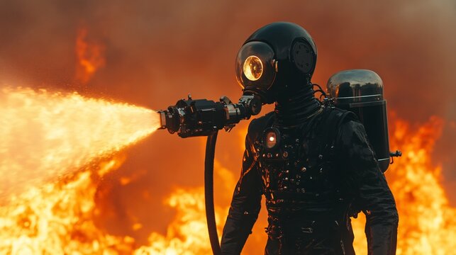 A firefighting android in full gear using high-tech tools to control a fire in an industrial setting highlighting the effectiveness of robotic responders in emergency situations Stock Photo with copy