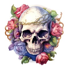Fototapeta premium A beautifully illustrated skull entwined with vibrant flowers, symbolizing the contrast of life and death in stunning detail.
