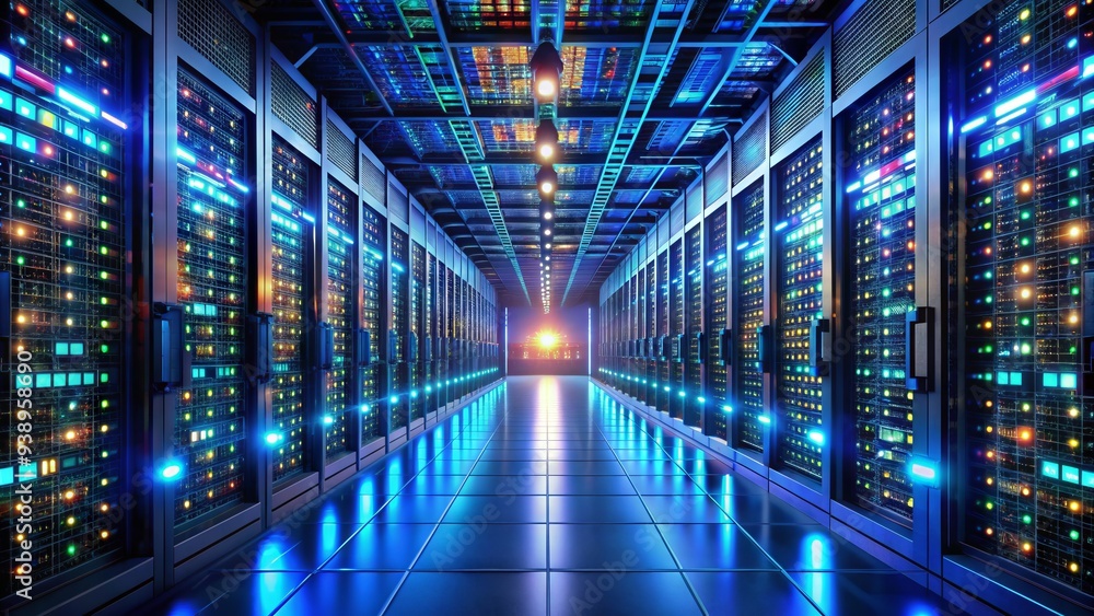 Poster rows of humming servers and blinking lights illuminate a vast, climate-controlled data center, highl