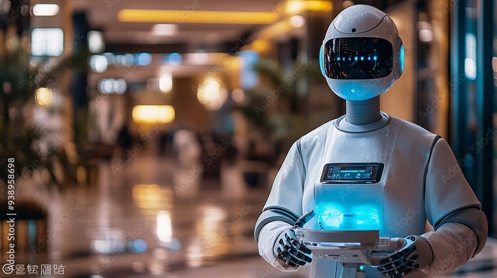 Poster A janitor robot in a high-tech building using advanced tools to clean efficiently demonstrating the role of robotics in ensuring a pristine environment through automated maintenance Stock Photo with