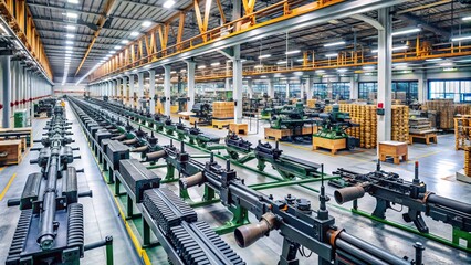 Fototapeta premium Rows of high-tech machinery and production lines in a modern weapons factory, with rifles and artillery components in various stages of assembly.