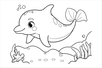 Coloring page of cute dolphin for kids coloring book
