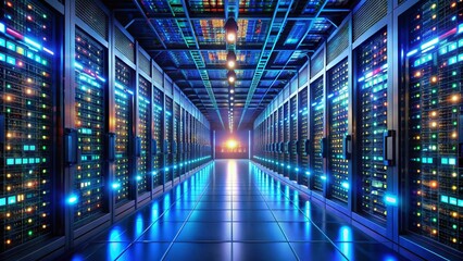 Fototapeta premium Rows of humming servers and blinking lights illuminate a vast, climate-controlled data center, highlighting the intricate infrastructure of modern digital operations and technological advancement.