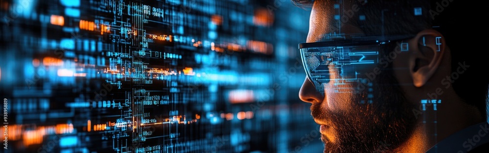 Poster an it expert examines data through augmented reality technology, focusing on cyber security