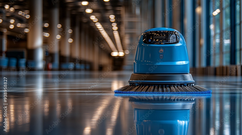 Poster A janitor robot in a high-tech building using advanced tools to clean efficiently demonstrating the role of robotics in ensuring a pristine environment through automated maintenance Stock Photo with