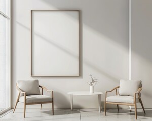 frame on the plain wall with some furniture for decoration, white minimal style 