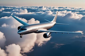 Elegant Silver Aeroplane Cruising Through Clouds in 3D Aerial View