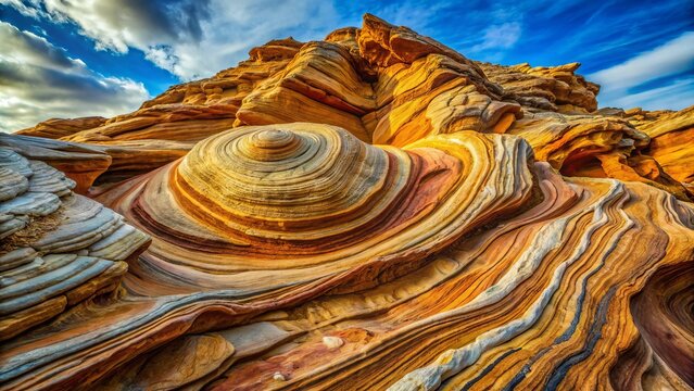 Rugged, twisted metamorphic rock formation with vibrant minerals and swirling patterns, weathered by time and erosion, against a muted earthy background.