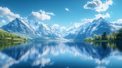 Naklejka premium A vast, calm lake in the foreground of towering snow-capped mountains, with a clear blue sky and a few fluffy clouds above