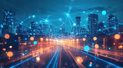 Fototapeta premium Smart city concept with abstract polygon pattern and high-speed light connections, technology theme