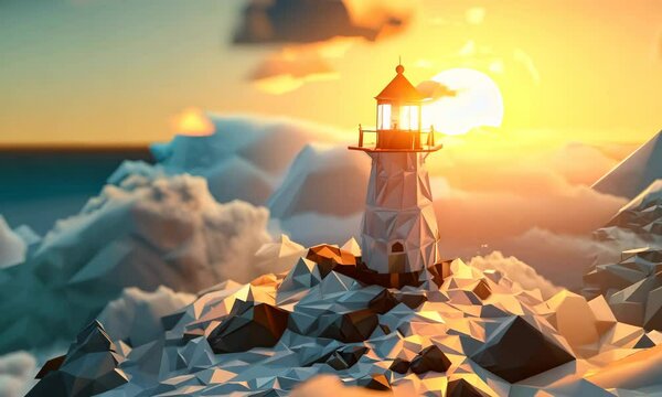 Serene winter landscape of a snowy lighthouse at sunset nestled among clouds