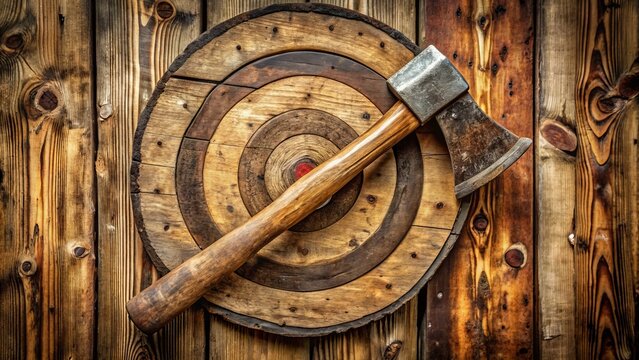 Rustic axe with worn wooden handle and metal blade lodged in a circular target on a wooden wall, surrounded by missed throws and splintered wood.
